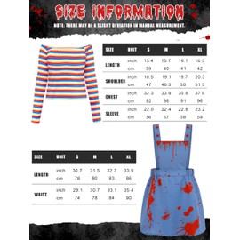 RUODON - Conjunto de disfraz de muñeca asesina de pesadilla para mujer, vestido general, camisa de rayas arcoíris, con medias y pegatina para Halloween