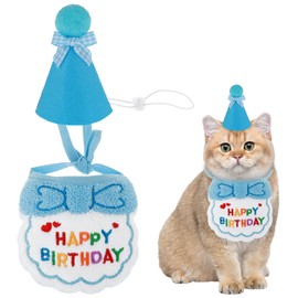 Amaxiu Birthday Hat Scarf Set for Small Dogs and Cats, Cute Pet Birthday Bandana Party Supplies Puppies Happy Birthday Decorations Embroidered for Girls Boys Kittens (Blue)