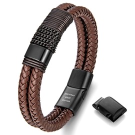 murtoo Men's Premium Leather Bracelet in Black and Brown, Magnetic Clasp Made of Stainless Steel, Great Gift Idea for Men, 20 inches, Stainless Steel