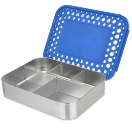 LunchBots Large Cinco Stainless Steel Lunch Container - Five Section Design Holds a Variety of Foods - Metal Bento Box for Kids or Adults - Dishwasher Safe - Stainless Lid - Blue Dots
