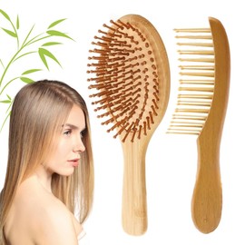 Duo Cepillo y Peine Bambu Natual Ecologico Alta Calidad Desenredar Cabello Sin Dolor Peine Cerdas Separadas Punta Redonda Diseño Ergonomico Cepillar Cabello Liso Rizado Ondulado (Natural / Cepillo y Peine)