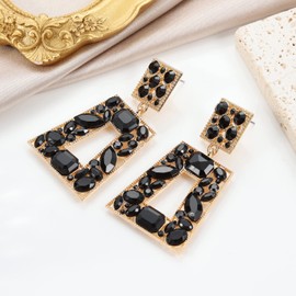 Canboer Black Rhinestone Rectangle Dangle Earrings Sparkly Geometric Drop Statement Earrings Hypoallergenic for Women Party Prom
