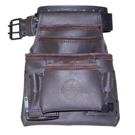 Graintex OS2221 10 Pocket Oil Tanned Leather Nail & Tool Pouch Dark Brown Color with 2” Belt for Constructor/Electrician/Plumber