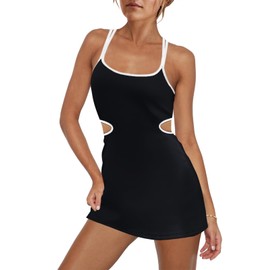LAMISSCHE Womens Tennis Dress Built in Bra and Shorts Athletic Golf Mini Dress Backless Cut Out Onesie Rompers(Black,S)