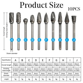 Tungsten Carbide Rotary Burr Set for Dremel, 10PCS Carbide Double Cut Carving Burr Bits with 1/8” Shank Rotary Tool Accessories for Woodworking, Engraving, Drilling, Steel Metal Working