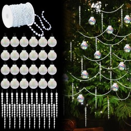 Daifunli 91 Pcs Crystal Christmas Ornaments Set Including 98 ft Crystal Bead Garland Icicle Iridescent Balls Ornaments for Xmas Tree Winter Party Decoration