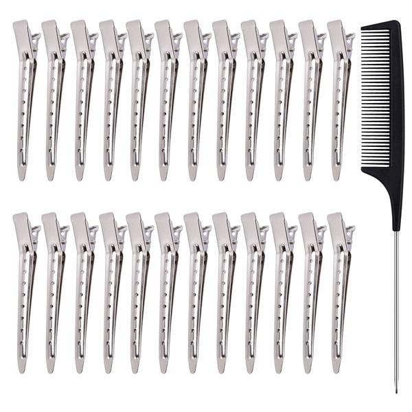24pcs Hair Sectioning Clips with Styling Comb, 3.5 Inches Duckbill Hair Clips Metal Hairdressing Curl Clips