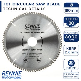 190mm x 80T TCT Saw Blade. 190mm Circular Saw Blade For Fine Cuts x 30mm Bore + 25mm/20mm/16mm Bore Reduction Rings Compatible With Bosch Makita Milwaukee Ryobi Dewalt Circular Saws etc