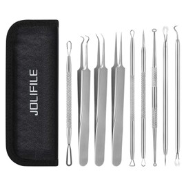 JOLIFILE Pimple Popper Tool, 9 PCs Spot Popper Comedone Blackhead Remover Kits with Curved Tweezers and Pimple Popper Spot Remover for Facial Skin (9PCS-Silver)