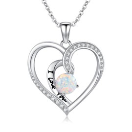 TANGPOET Opal Necklace 925 Sterling Silver Love Heart Pendant I Love You Necklace, Valentines Day Jewellery Gifts for Women Ladies Girls
