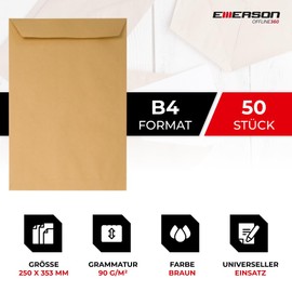 Emerson Emerson 50x Versandtaschen DIN B4 Braun 250 x 353 mm 90g braune Versandtaschen groß ohne Fenster gerade Klappe haftklebend Briefumschläge groß Briefkuverts Großformat B4 Briefhüllen Papier Umschläge