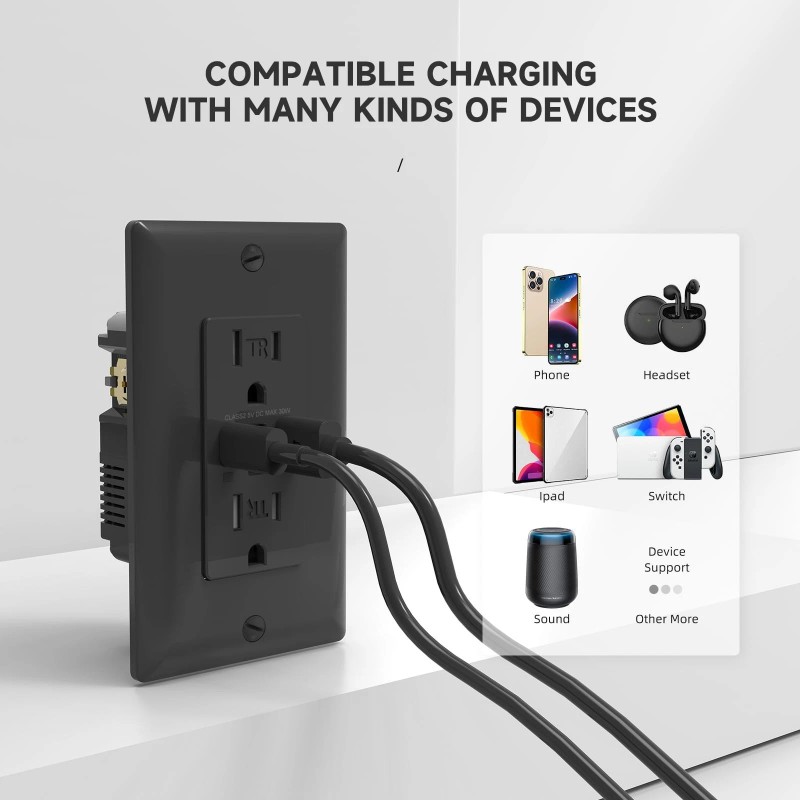 Alastech USB Outlet, 15 Amp TR Receptacle Plug with USB