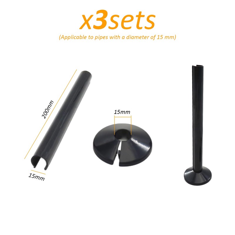 3 Pack Black Pipe Covers, 3 Pieces Pipe Collars, 200mm