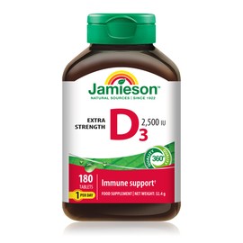 Jamieson Vitamin D3 2,500 IU Tablets, High Potency, Extra Strength, Supports Immune Health, Muscle Function, Bones, & Teeth Vegetarian, Gluten-Free, No Artificial Colours, or Flavours, 180 Count