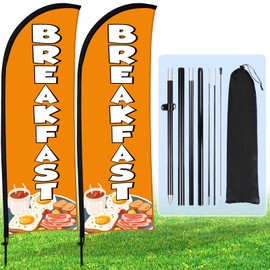 Buryeah 2 Sets Breakfast Feather Flag Kit 8ft Breakfast Swooper Flag Special Restaurant Advertising Feather Banner with Ground Stake and Portable Bag Advertising Sign for Business Ground(Orange)