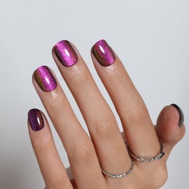 CUZIAM Chameleon Purple Galaxy Cat Eye Press on Nails Toenails Set, 30Pcs Short Oval Glitter Holographic Magnetic Gel Fake False Nails, 24Pcs Glossy Natural Fit Full Cover Stick on Toenails for Women