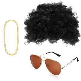 Men's Wig 70s 80s 3 Pieces with Gold Chain Sunglasses Black Hippie Wig Carnival Wig Afro Wig for Carnival Party 70s Outfit Men's Hippie Costume Accessories