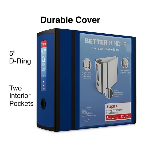 Staples Better Binder Heavy-Duty View, Blue, 1000-Sheet Capacity, 5in (Ring