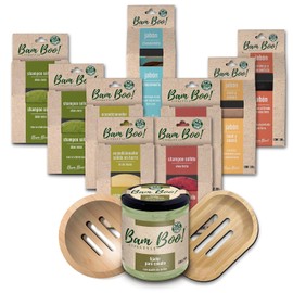 Set de Regalo Eco Cuidado del Cabello y Cuidado de la Piel Natural Bam Boo! Lifestyle con Shampoo Sólido, Acondicionador Sólido, Fijador, Jabones y gratis, Jaboneras de bambú