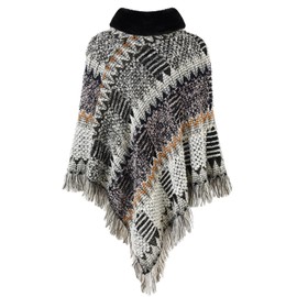 Ferand Women's Cozy Boho Turtleneck Poncho Sweater with Fringe Stylish Chevron Design for Winter, Grey