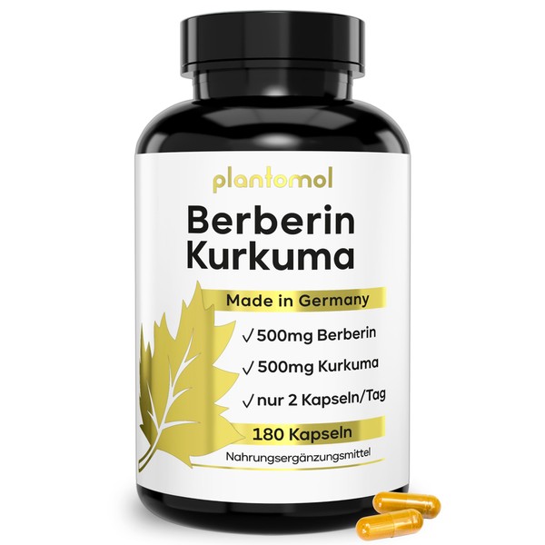 plantomol® Berberine 500 mg with 500 mg turmeric per daily dose - 180 berberine capsules made of pure berberine extract - 11 ingredients including chrome, vitamin C and L-carnitine - made in Germany - 100% vegan