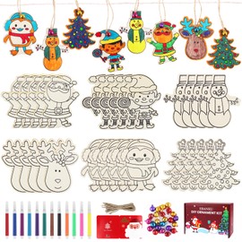EBANKU Christmas Wooden Ornaments Kits, 30PCS Unfinished Blank Wood Slices Crafts with Color Pens, Greeting Card and Bells for Christmas Tree Decoration