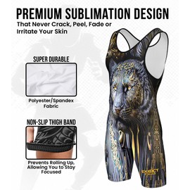 Exxact Sports Sublimated Adult & Youth Wrestling Singlet - Premium Powerlifting Singlet for Men & Boys, Unisex Singlets, Black Lion, Small