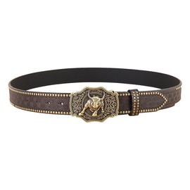 WANGCL Western Longhorn Buckle Longhorn Leather Belt Floral Embossed Belts Cowboy Belts for Men（47.3 Inch Long）