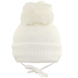 Faith & Sarah Kids Baby Boys Girls Pom Pom Bobble Beanie Hat - Knitted - Chin Tie - Fleece Lined, White, 6-12 Months