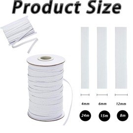 3Pcs Elastic for Sewing(4mm/24m, 6mm/15m & 12mm/8m), White High Elastic Cord for Sewing DIY Projects, Dressmaking, Headbands, Trouser, Wig Band(White, Total 47 Metre)