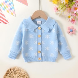 YOUNGER TREE Infant Baby Girl Knit Cardigan Sweater Toddler Girl Fall/Winter Long Sleeve Button Up Knit Sweatshirt Jacket Clothes（Snowflakes#Blue，6-9M）