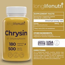 LongLifeNutri Crisina 500 mg – 180 cápsulas vegetarianas, de pasiflora, 5, 7-dihidroxiflavona, antioxidante natural para el bienestar general, suminis