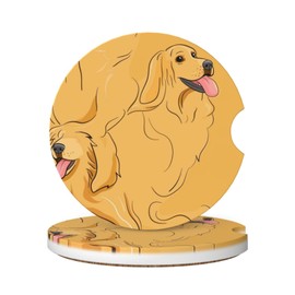 Buyidec Cartoon Golden Retriever Dog Absorbent Car Coasters 2 Pack Cup Holders, 2.56" Ceramic Stone & Non-Scratch Cork Base Drink Coasters Cute Car Assecories for Women Men