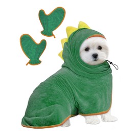 JOLOVE Dog Drying Coat Super Absorbent Dog Towels for Drying Dogs for After Bath Soft Dog Drying Towel Adjustable Dog Bathrobe for Bath, Swim, Wet Walk (Green Dinosaur, S)