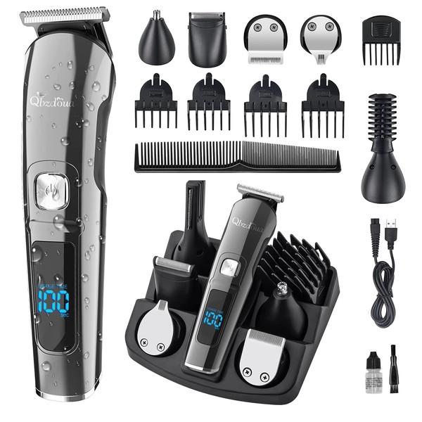 QBZDOUA Mens Hair Clipper Beard Trimmer Cordless Mens Grooming Kit Trimmer for Beard Head Face and Body Waterproof IPX7 LED Power Display
