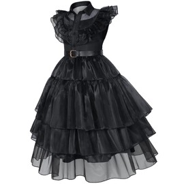 joonolu - Disfraz negro para niñas, disfraz de familia negro para niñas, Halloween, cosplay, incluye peluca (edades de 3 a 13), Negro -, 5-6 Años