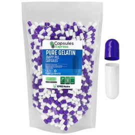 XPRS Nutra Size 0 Empty Capsules - 1000 Count Colored Empty Gelatin Capsules - Capsules Express Empty Pill Capsules - DIY Supplement Capsule Filling - Fillable Color Gel Caps Pills (Purple / White)