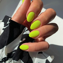 Neon Yellow False Nails Short Oval, SXVME Simple Acrylic Press on Nails Short, Yellow Fake Nails Short, Natural Glue on Nails Short Almond, Solid Gel Full Cover Stick On Nails For Women Daily Wear