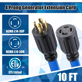 Kanayu 10 FT 4 Prong 30 Amp Generator Extension Cord Compatible with NEMA L14-30P/L14-30R 10 Gauge Flat Generator Power Locking Cable Heavy Duty for Manual Transfer Switch 125/250V 7500W, ETL Listed