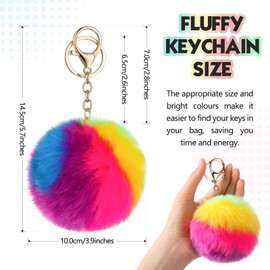 Otuuz 2 Pcs Fluffy Keychain Rainbow Pom Pom Keyring 3.9 Inch Soft Plush Keyring Faux Fur Ball Pendant with Gold Plated Keyring for Women Girl Handbag Backpack Hanging Decoration