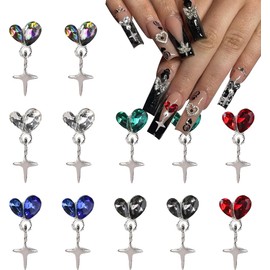 12Pcs 3D Alloy Metal Silver Heart Nail Charms Shiny Starlight Nail Gems and Charms Jewelry Rhinestones Love Hearts Silver Star Pendant Tassel Chain Nails Crystals for Women DIY Crafts Decoration