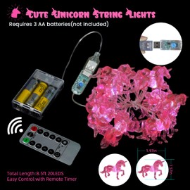 Unicorn Night Lights Pink String Lights Cute Fairy Lights Unicorn Horse Gifts USB Plug in or Battery Power String Lights Indoor with Remote Control 8.5 Ft 20LED Christmas Kids Room Decoration