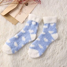 LCHULLE 1 Pair Fluffy Socks for Women and Girls - Soft Fuzzy Comfy Winter Warm Thicken Cozy Home Slipper Bed Socks Heart Pattern for Ladies-Blue