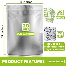 20 Mylar Bags for Food Storage, 2.5 Gallon Capacity, Extra Thick 15 Mil, with 1000cc Oxygen Absorbers, Resealable, Stand-Up Gusset, Ideal for Long-Term Food Storage