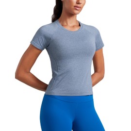 CRZ YOGA Seamless Short Sleeve Shirts for Women Breathable Running Workout Tops Athletic Gym Yoga Basic T-Shirts Oasis Blue Heather Small