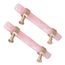 Rockcloud Pack of 2 Rose Quartz Crystal Stone Drawer Pulls Handle with Screws Brushed Brass Cabinet Knobs Hardware Accessories for Kitchen Dresser Cupboard Home Decoration