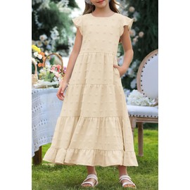 HOSIKA Girls Maxi Dress Ruffle Sleeve Swiss Dot A Line Tiered Flowy Casual Party Dresses with Pockets for 6-12 Y Apricot