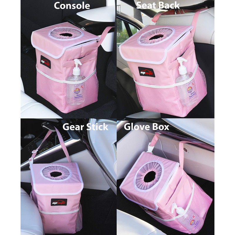EPAuto Waterproof Car Trash Can with Lid and Storage Pockets,