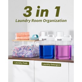 iCASA Laundry Pods Container Detergent Dispenser, 3 in 1 Laundry Room Organization and Storage Container, Clear Acrylic Liquid Laundry Detergent Powder Organizer Trash Bag Holder with Bamboo Lid