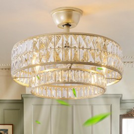 CELAVIEIOP Gold Fandelier Ceiling Fan with Light,20" Crystal Chandelier Ceiling Fans with Lights and Remote Control,Modern Caged Flush Mount Fandelier with 6 Speeds for Living Room Bedroom Nursery